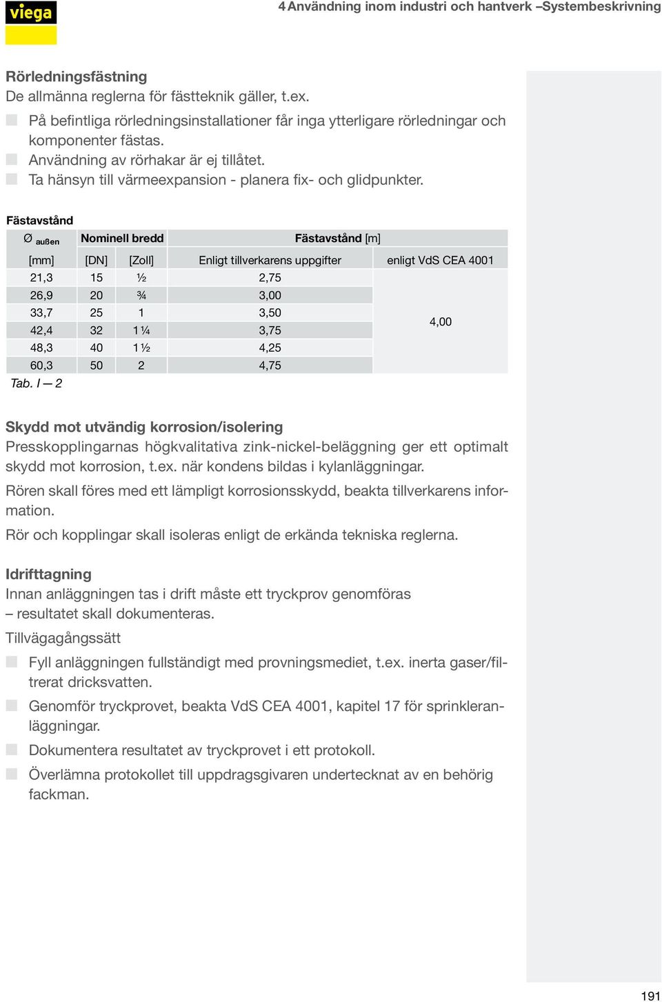 Fästavstånd Ø außen Nominell bredd Fästavstånd [m] [mm] [DN] [Zoll] Enligt tillverkarens uppgifter enligt VdS CEA 4001 21,3 15 ½ 2,75 26,9 20 ¾ 3,00 33,7 25 1 3,50 42,4 32 1 ¼ 3,75 4,00 48,3 40 1 ½