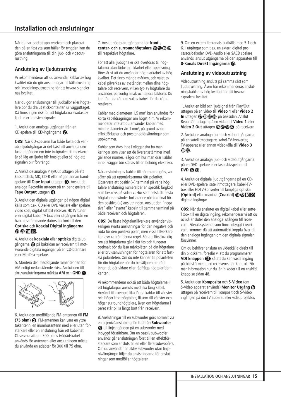 När du gör anslutningar till ljudkällor eller högtalare bör du dra ut stickkontakten ur vägguttaget. Då finns ingen risk för att högtalarna skadas av ljud- eller transientsignaler. 1.