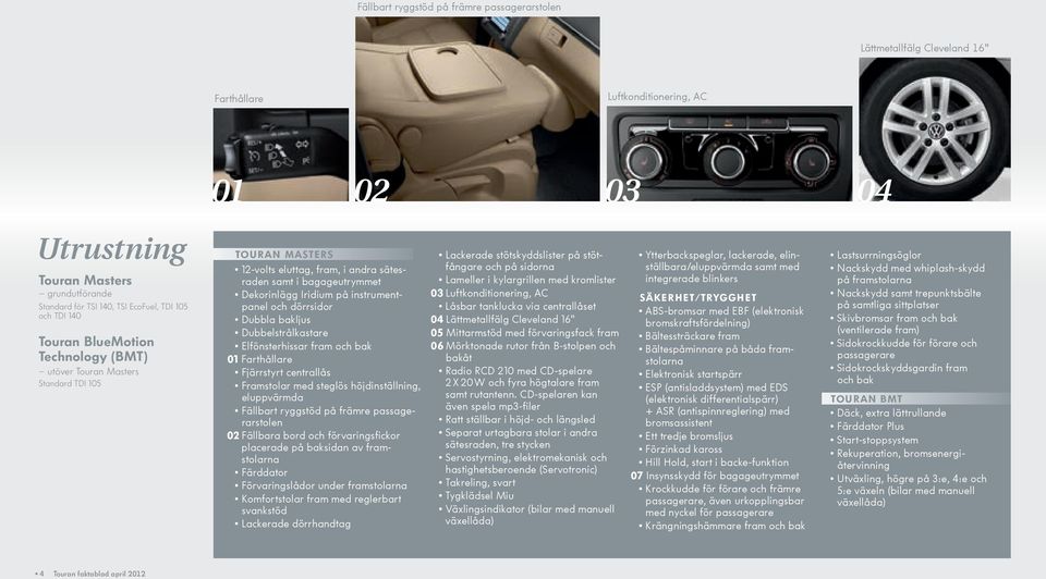 instrumentpanel och dörrsidor Dubbla bakljus Dubbelstrålkastare Elfönsterhissar fram och bak 01 Farthållare Fjärrstyrt centrallås Framstolar med steglös höjdinställning, eluppvärmda Fällbart ryggstöd