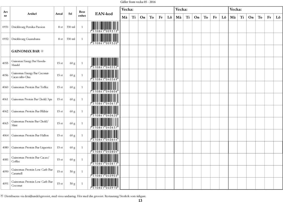 60 g 1 *7310861040613* 4062 Gainomax Protein Bar Blåbär 15 st 60 g 1 *7310861040620* 4063 Gainomax Protein Bar Chokl/ Mint 15 st 60 g 1 *7310861040637* 4064 Gainomax Protein Bar Hallon 15 st 60 g 1