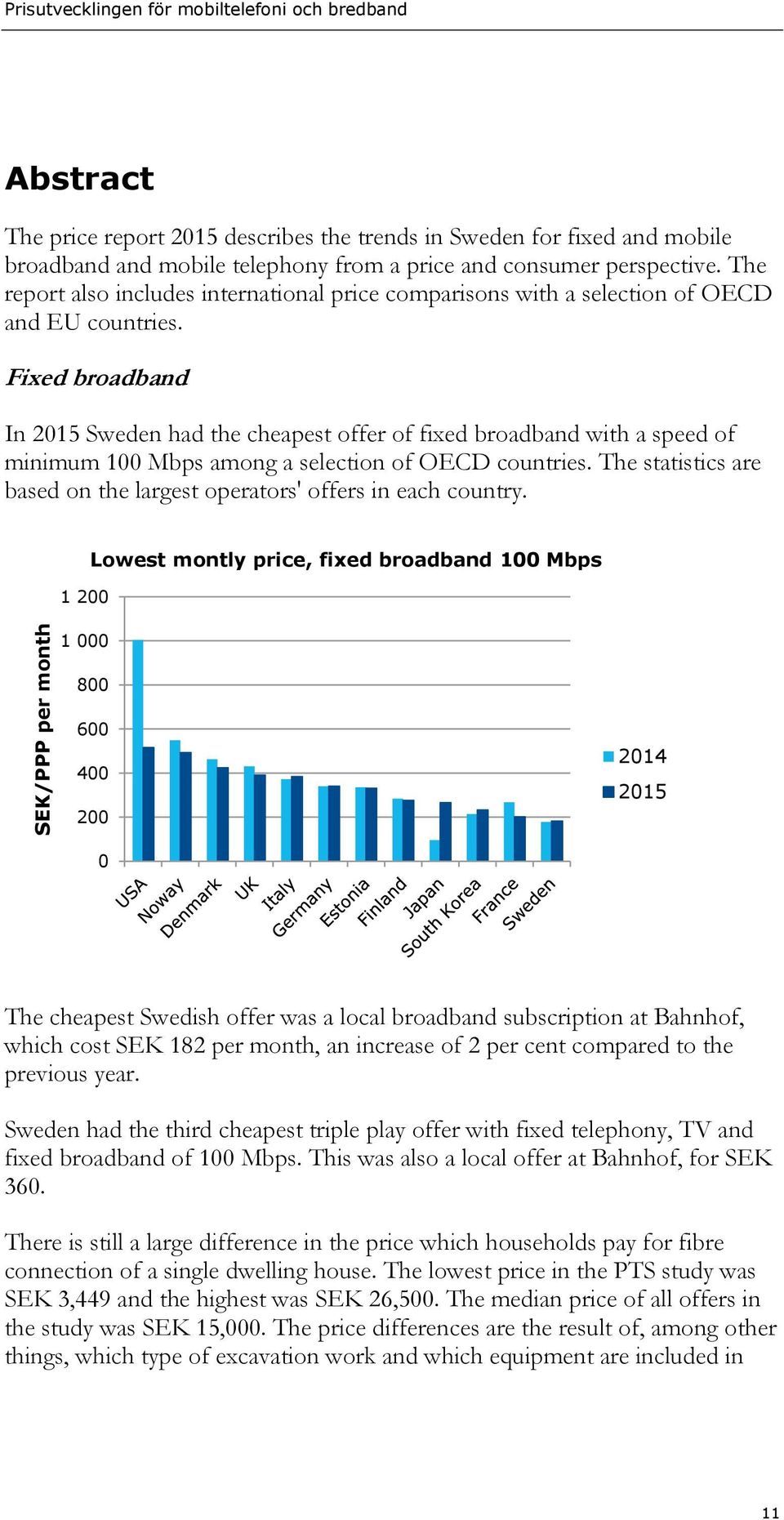 Fixed broadband In 2015 Sweden had the cheapest offer of fixed broadband with a speed of minimum 100 Mbps among a selection of OECD countries.