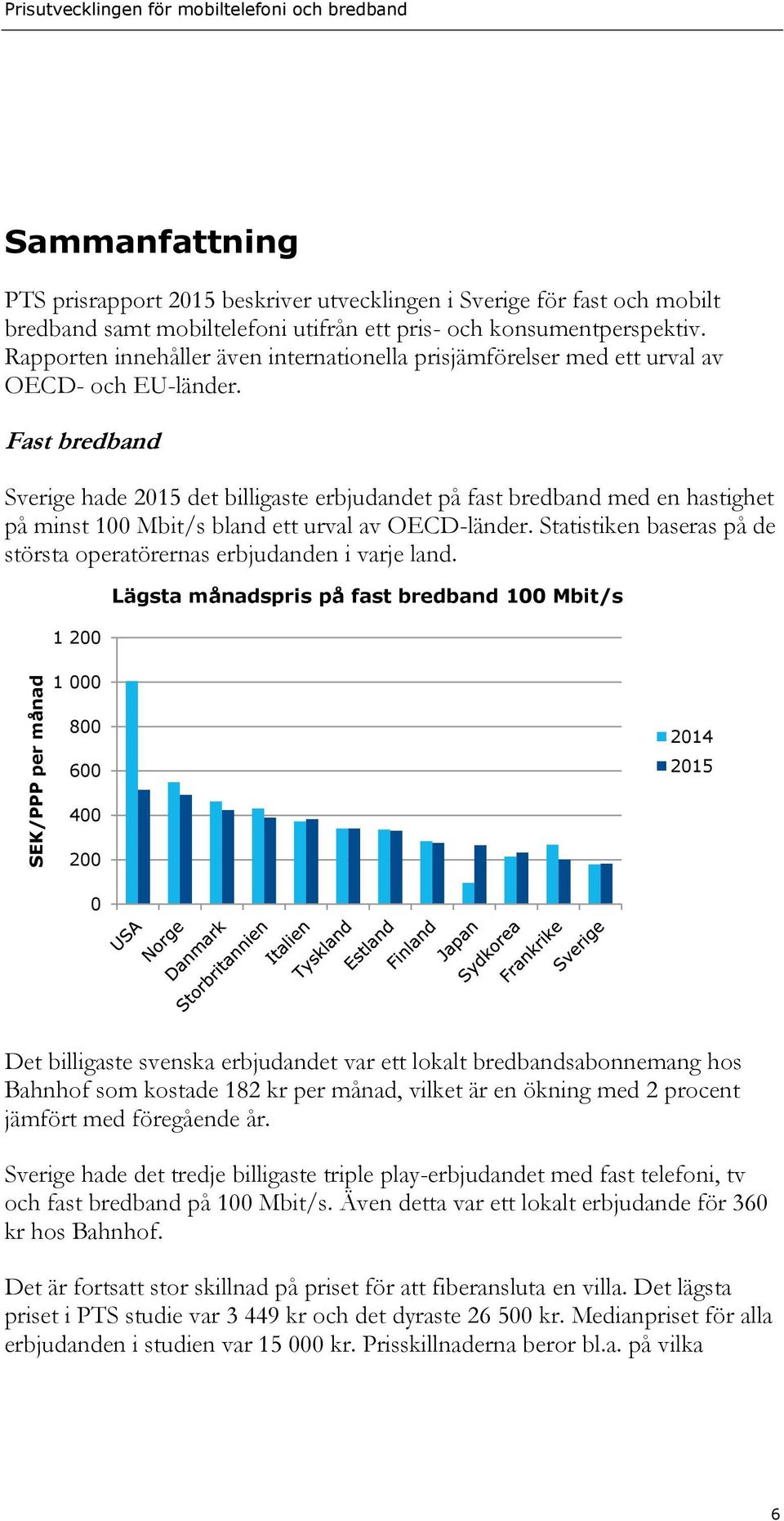 Fast bredband Sverige hade 2015 det billigaste erbjudandet på fast bredband med en hastighet på minst 100 Mbit/s bland ett urval av OECD-länder.