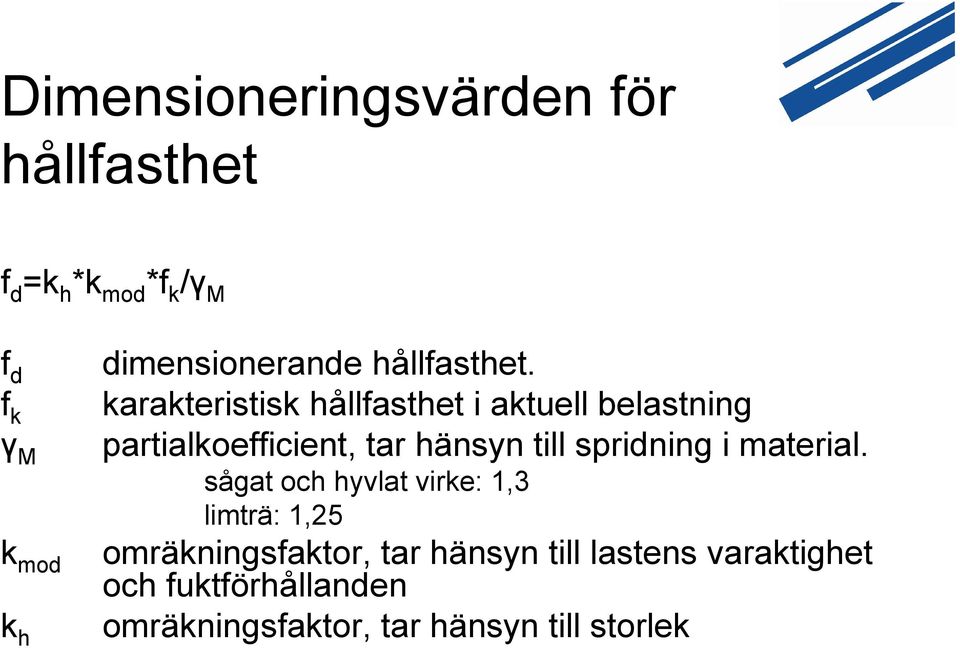 karakteristisk hållfasthet i aktuell belastning partialkoefficient, tar hänsyn till spridning