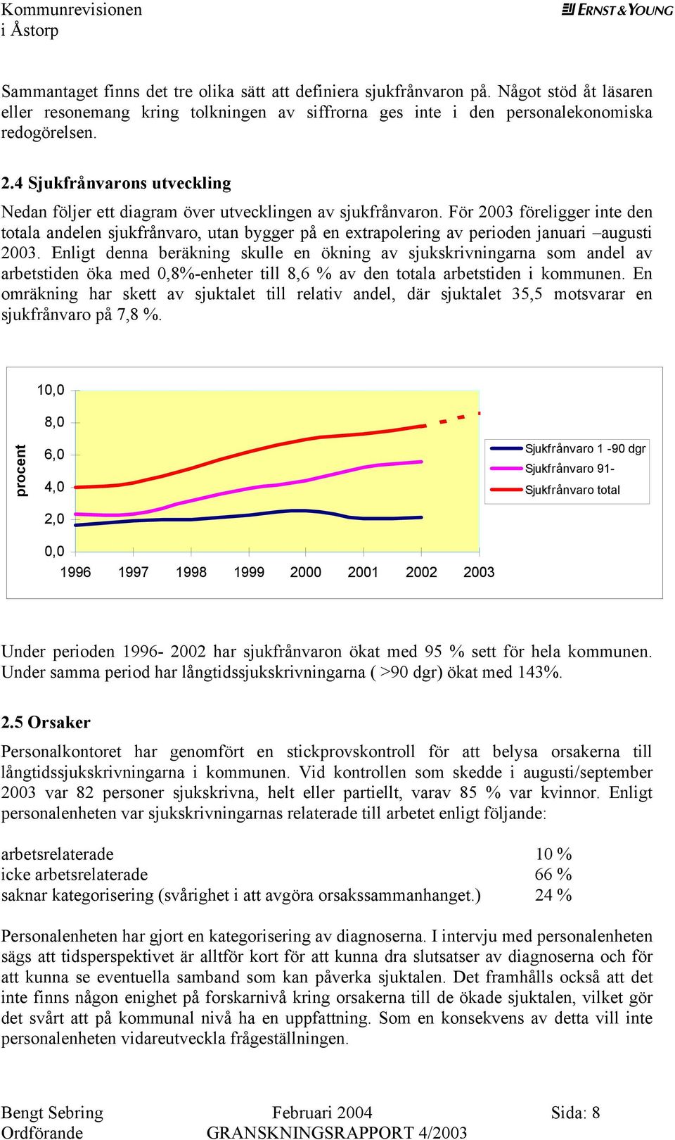 Enligt dnna bräkning skull n ökning av sjukskrivningarna som andl av arbtstidn öka md 0,8%-nhtr till 8,6 % av dn totala arbtstidn i kommunn.