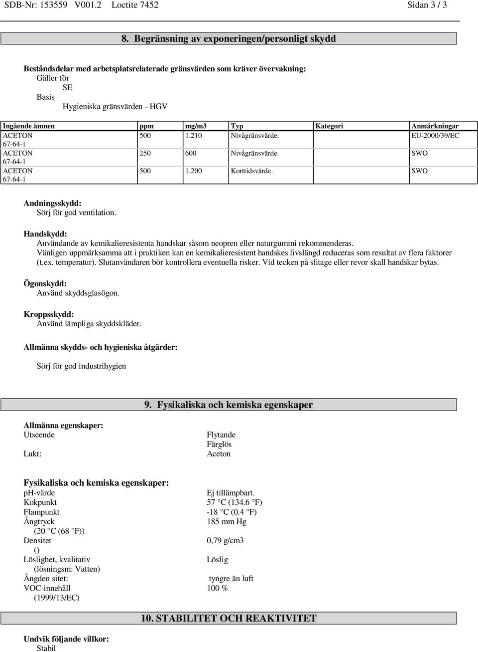Kategori Anmärkningar ACETON 500 1.210 Nivågränsvärde. EU-2000/39/EC ACETON 250 600 Nivågränsvärde. SWO ACETON 500 1.200 Korttidsvärde. SWO Andningsskydd: Sörj för god ventilation.