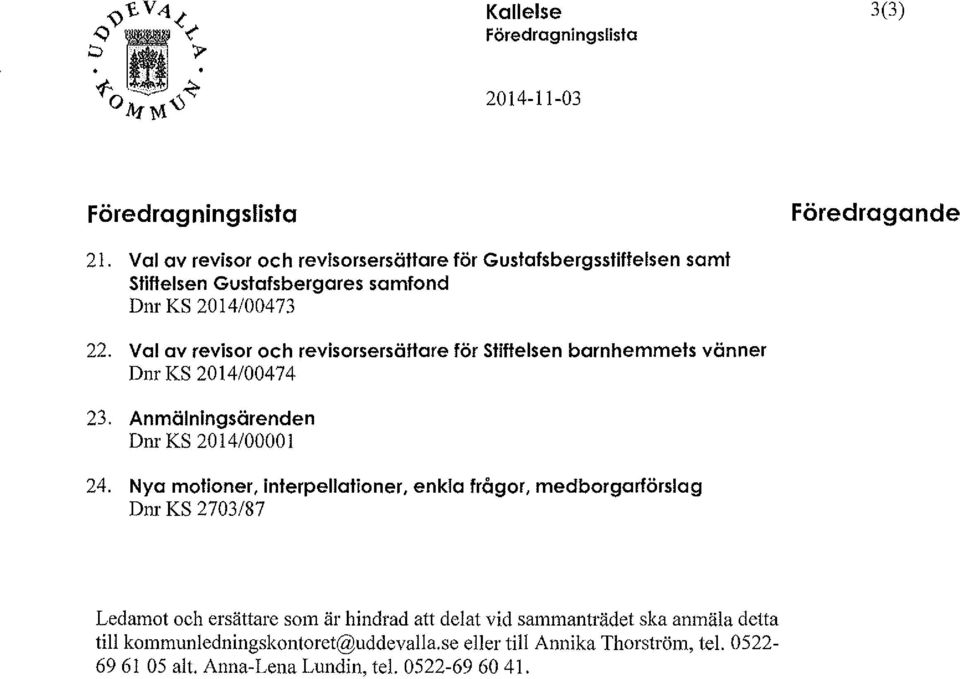 Val av revisor och revisorsersättare för stiftelsen barnhemmets vänner Dnr KS 2014/00474 23. Anmälningsärenden Dnr KS 2014/00001 24.