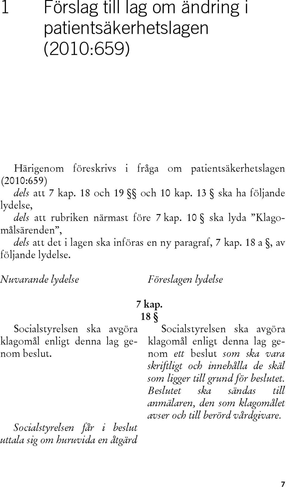 Nuvarande lydelse Föreslagen lydelse Socialstyrelsen ska avgöra klagomål enligt denna lag genom beslut. Socialstyrelsen får i beslut uttala sig om huruvida en åtgärd 7 kap.