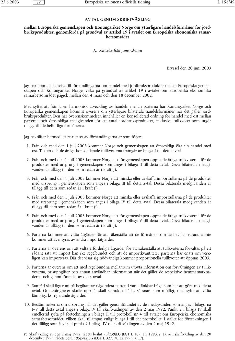 Skrivelse från gemenskapen Bryssel den 20 juni 2003 Jag har äran att hänvisa till förhandlingarna om handel med jordbruksprodukter mellan Europeiska gemenskapen och Konungariket Norge, vilka på
