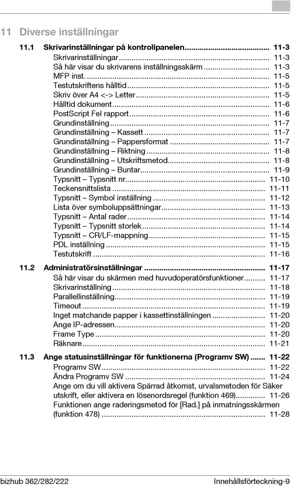 .. 11-7 Grundinställning Riktning... 11-8 Grundinställning Utskriftsmetod... 11-8 Grundinställning Buntar... 11-9 Typsnitt Typsnitt nr... 11-10 Teckensnittslista... 11-11 Typsnitt Symbol inställning.