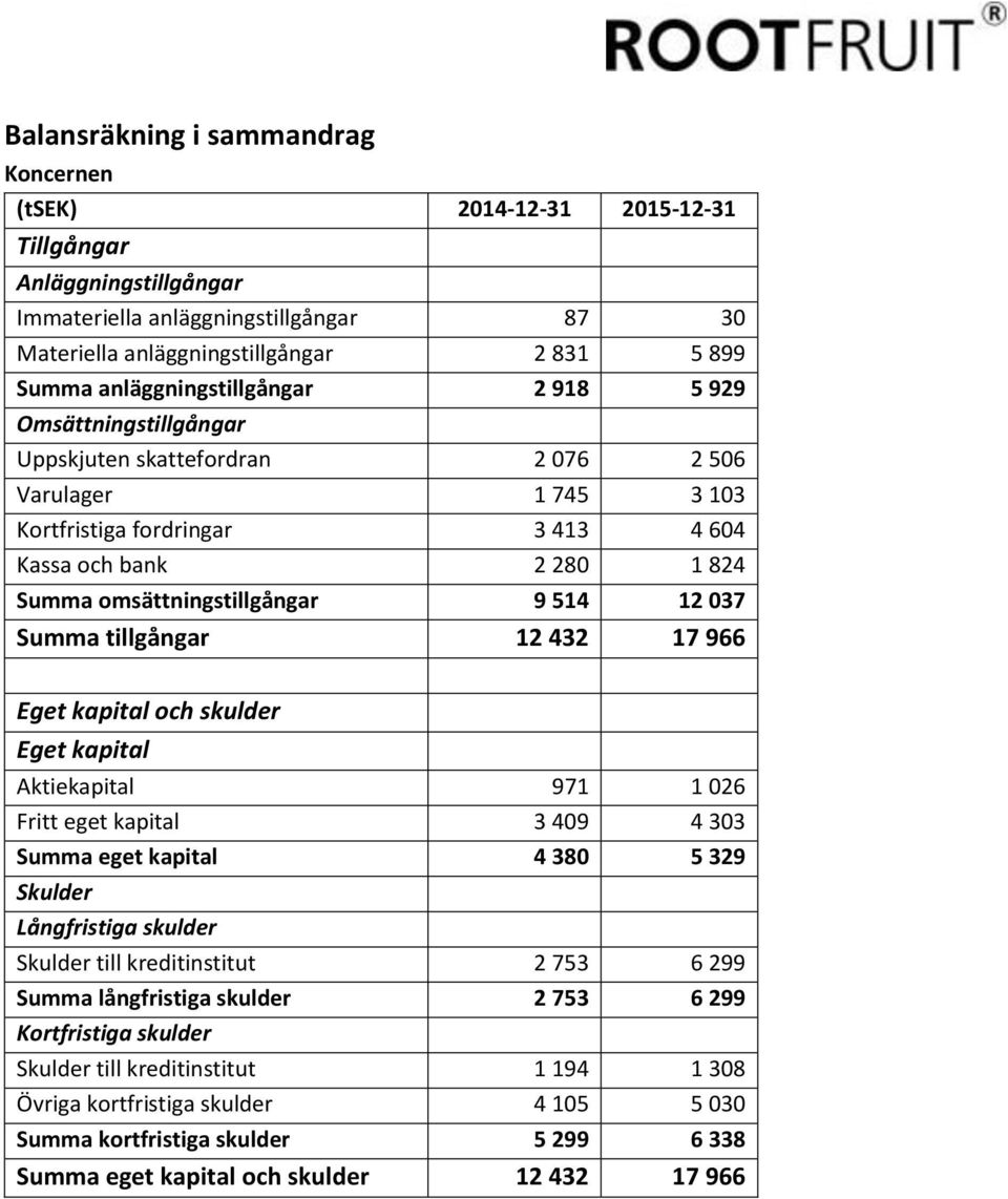 omsättningstillgångar 9 514 12 037 Summa tillgångar 12 432 17 966 Eget kapital och skulder Eget kapital Aktiekapital 971 1 026 Fritt eget kapital 3 409 4 303 Summa eget kapital 4 380 5 329 Skulder