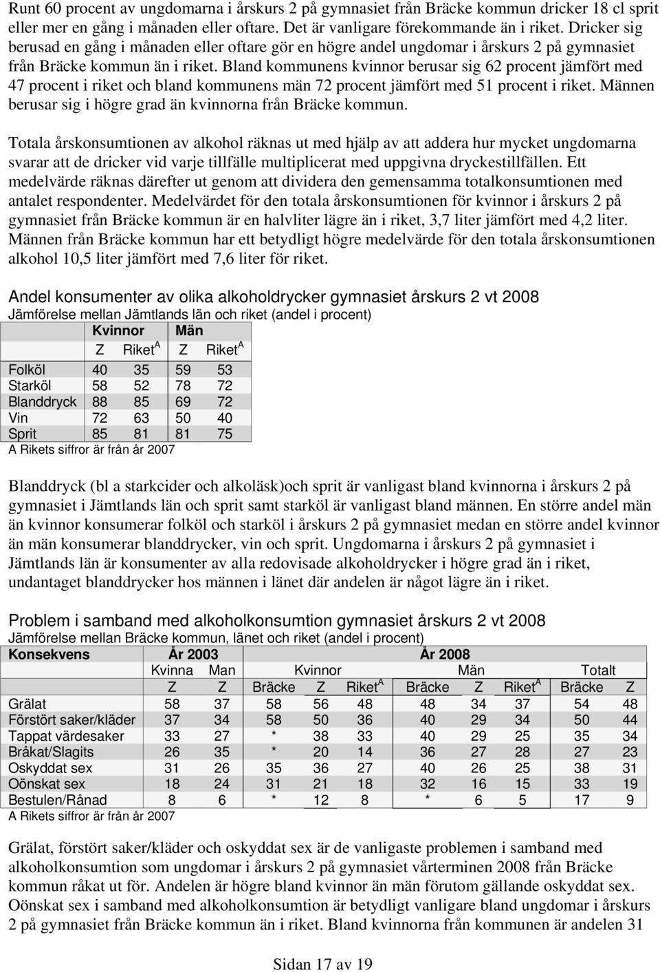 Bland kommunens kvinnor berusar sig 62 procent jämfört med 47 procent i riket och bland kommunens män 72 procent jämfört med 51 procent i riket.