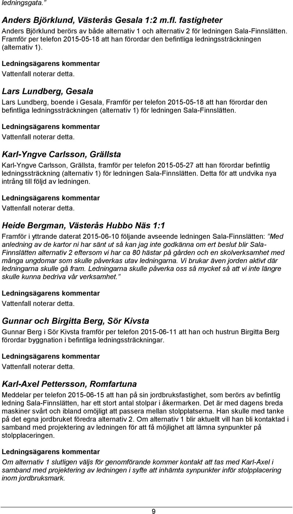 Lars Lundberg, Gesala Lars Lundberg, boende i Gesala, Framför per telefon 2015-05-18 att han förordar den befintliga ledningssträckningen (alternativ 1) för ledningen Sala-Finnslätten.