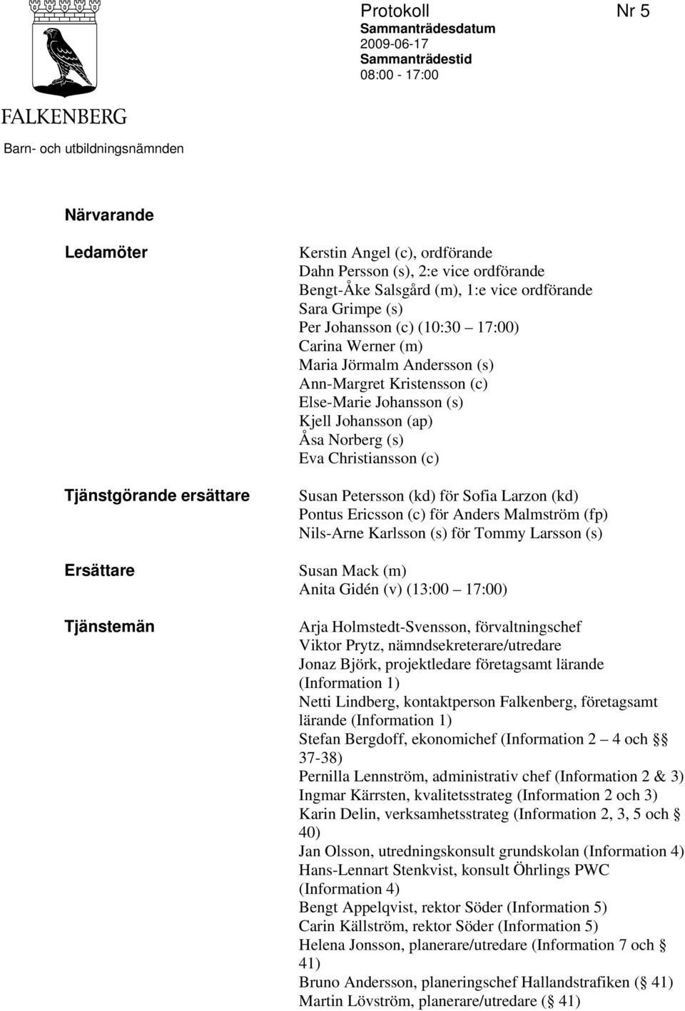 Else-Marie Johansson (s) Kjell Johansson (ap) Åsa Norberg (s) Eva Christiansson (c) Susan Petersson (kd) för Sofia Larzon (kd) Pontus Ericsson (c) för Anders Malmström (fp) Nils-Arne Karlsson (s) för
