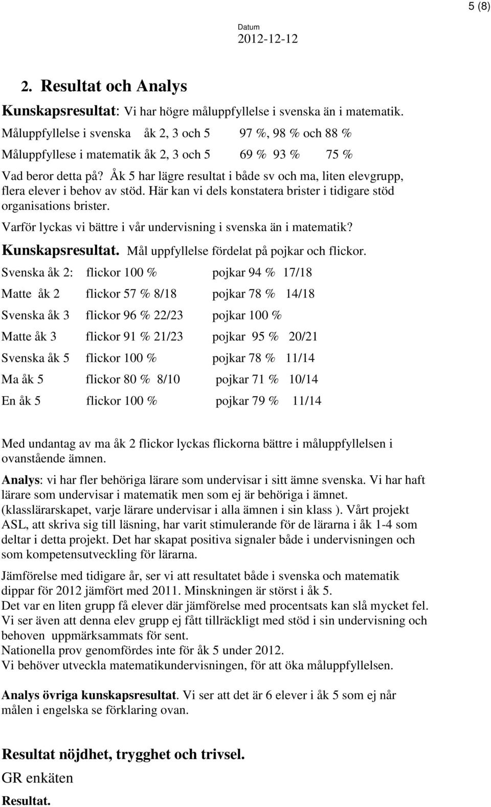 Åk 5 har lägre resultat i både sv och ma, liten elevgrupp, flera elever i behov av stöd. Här kan vi dels konstatera brister i tidigare stöd organisations brister.