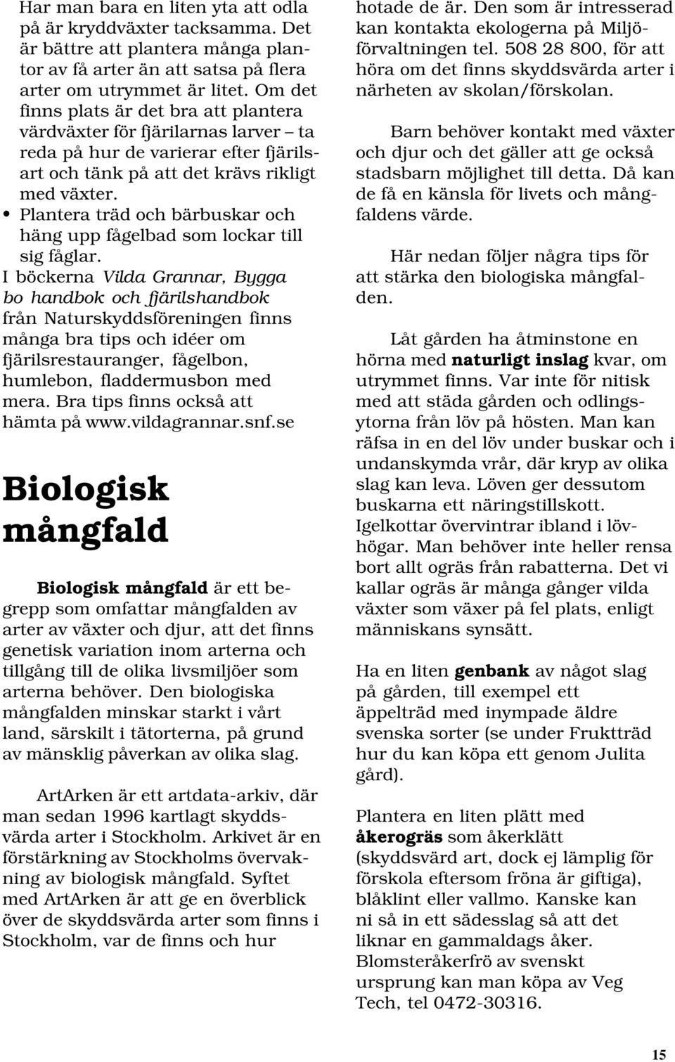 Plantera träd och bärbuskar och häng upp fågelbad som lockar till sig fåglar.