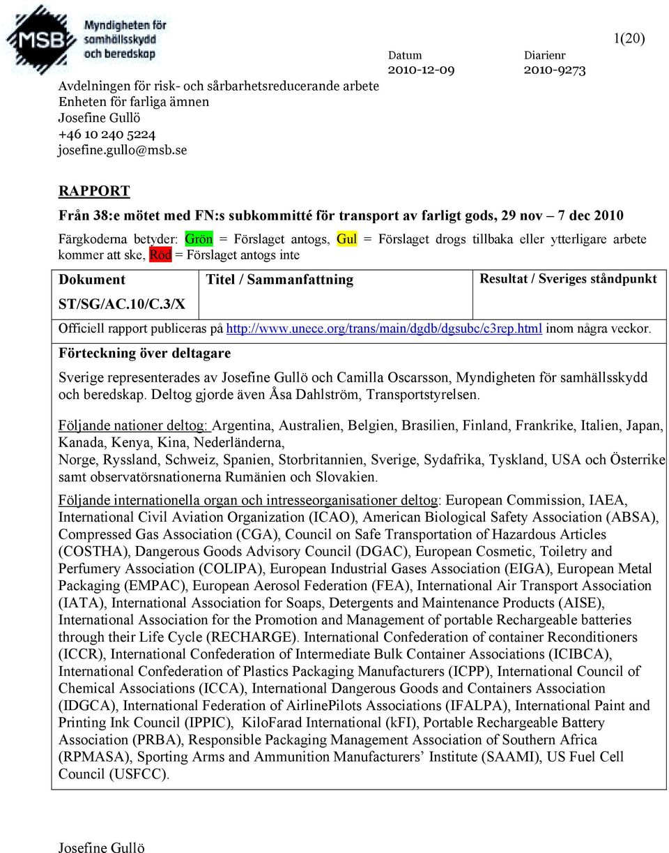Förslaget drogs tillbaka eller ytterligare arbete kommer att ske, Röd = Förslaget antogs inte Officiell rapport publiceras på http://www.unece.org/trans/main/dgdb/dgsubc/c3rep.html inom några veckor.