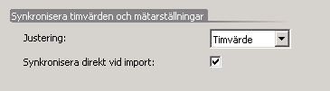 Parametersättning synkronisering Justering Timvärden eller mätarställningen justeras när differens uppstår Synkronisera direkt vid import I