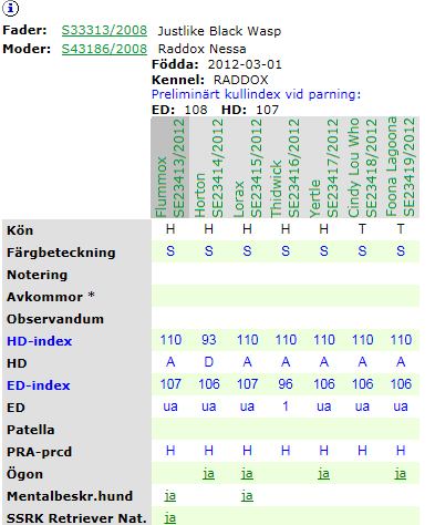 Index för HD och ED i Avelsdata Hundar: Kull/helsyskon och för