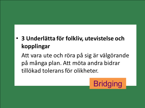 Bridging handlar om att underlätta för folkliv. Vi vill underlätta för folk att vara ute eftersom det skapar trygghet. Bridging handlar om att träffa människor som inte bara är precis som jag själv.