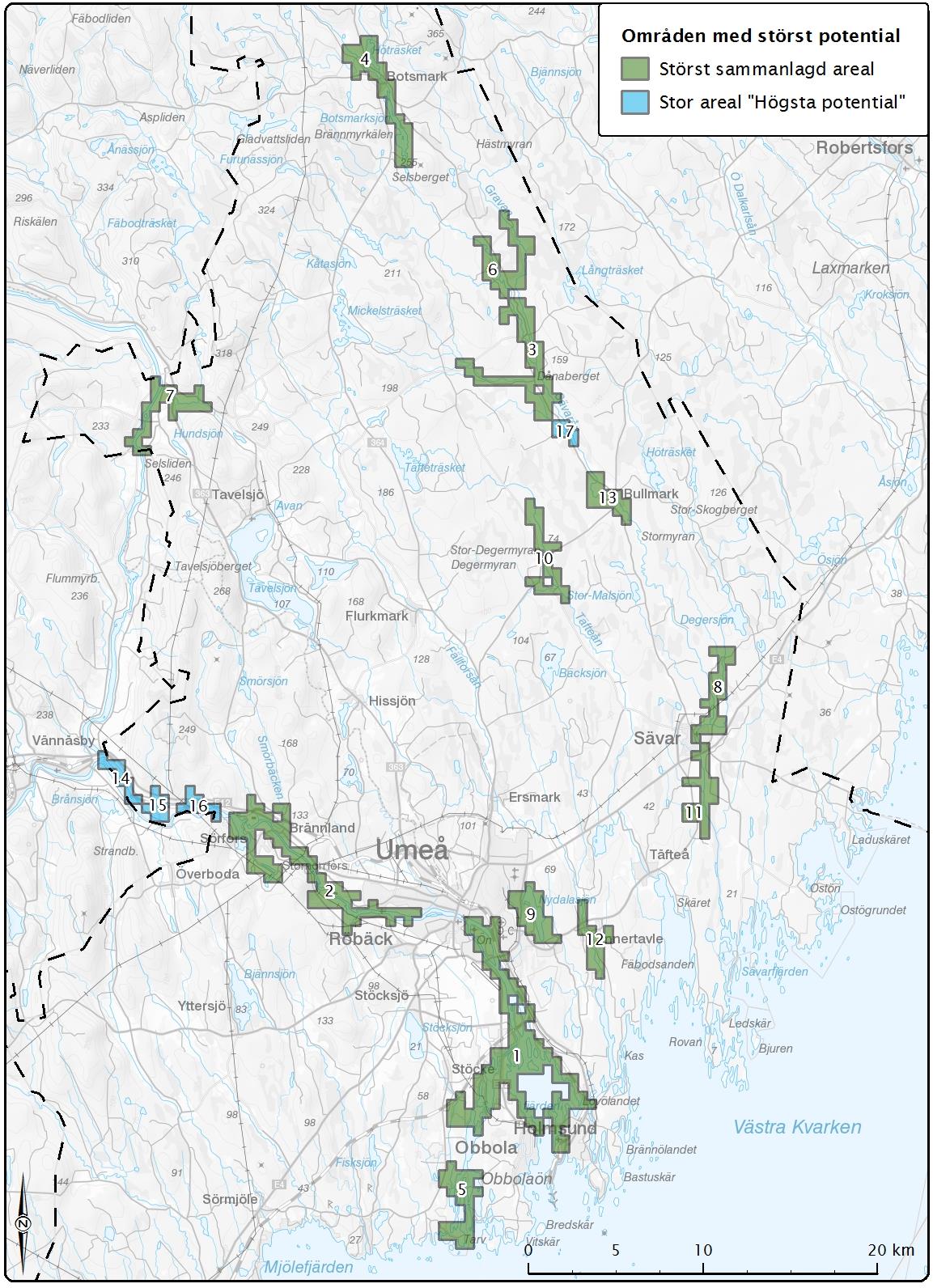 Utsökningen av de största sammanhängande områdena gav totalt sjutton områden (Figur 3).