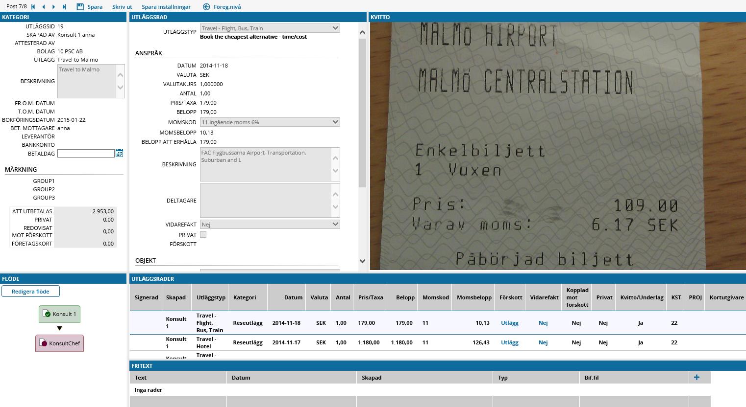 Information om utlägget Kvittot