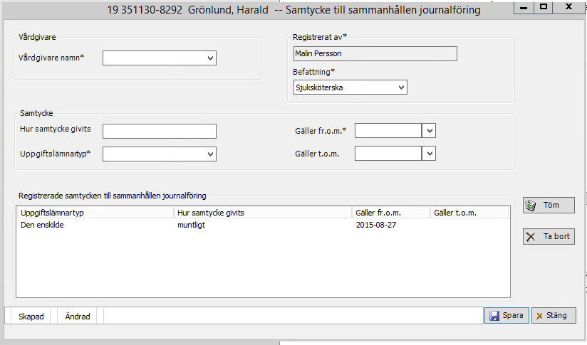 Sammahållen journalförning i Treserva Om brukaren har/har haft patientjournal hos en annan vårdgivare kommer en fråga att visas på skärmen.