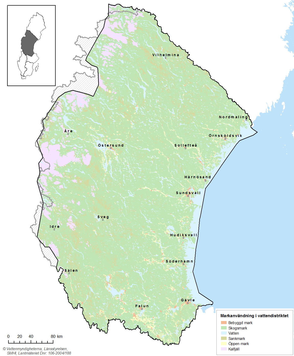 Karta 2.2. Markanvändningen i Bottenhavets vattendistrikt.