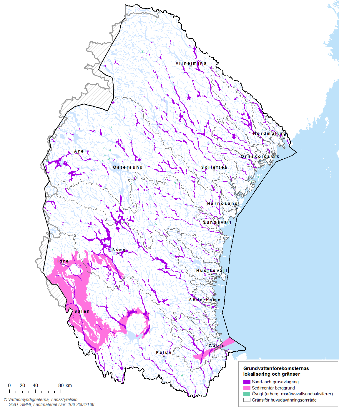 Karta 2.3. Grundvattenförekomsternas lokalisering och gränser i Bottenhavets vattendistrikt.