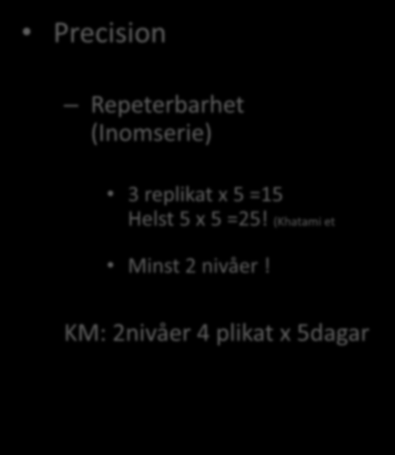 Clinical and Laboratory Standards Institute (EP15och EP5) (förut NCCLS) Precision Repeterbarhet (Inomserie) 3 replikat x 5 =15 Helst 5 x 5 =25! (Khatami et Minst 2 nivåer!