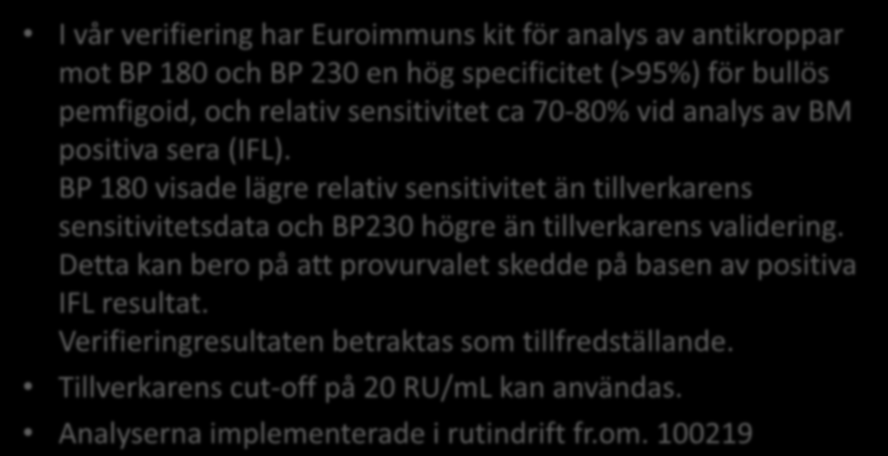 Konklusioner I vår verifiering har Euroimmuns kit för analys av antikroppar mot BP 180 och BP 230 en hög specificitet (>95%) för bullös pemfigoid, och relativ sensitivitet ca 70-80% vid analys av BM