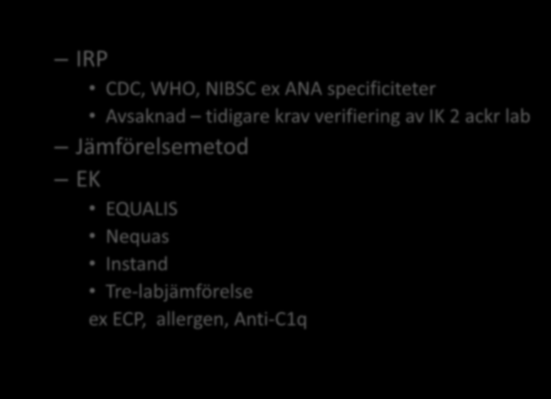 Riktighet IRP CDC, WHO, NIBSC ex ANA specificiteter Avsaknad tidigare krav verifiering av IK 2