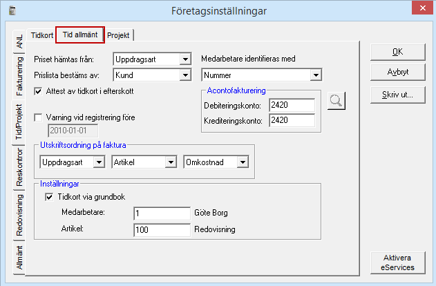 I den andra fliken Tid allmänt sker främst inställning av vilket pris och efter vilka principer ett pris ska föreslås av programmet vid tidregistrering.