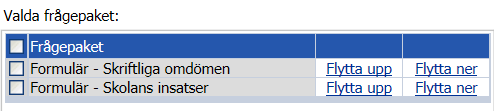 Flik 2. Frågepaket Under fliken Frågepaket väljs vilka frågepaket som ska ingå in undersökningen. Formulär Skriftliga omdömen besvaras av undervisande lärare.