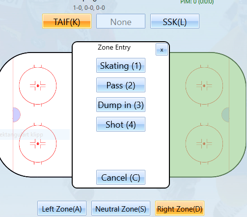 10 Zone Entry 10.1 Registrera När puckinnehavande lag går in i offensiv zon dyker en ruta upp enligt bilden nedan. 1. Välj sedan på vilket sätt laget tog in pucken i zonen.