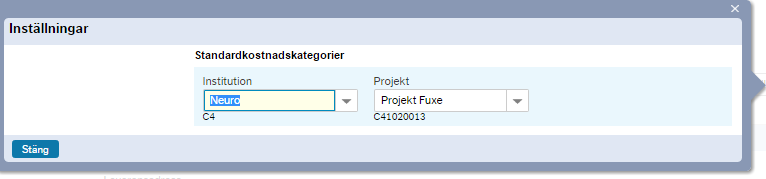 Inställningar i inköpsförslaget Lathund_161111 Projekt Fuxe är här förvalt. Alla produkter som läggs till i inköpsförslaget kommer konteras på detta projekt.