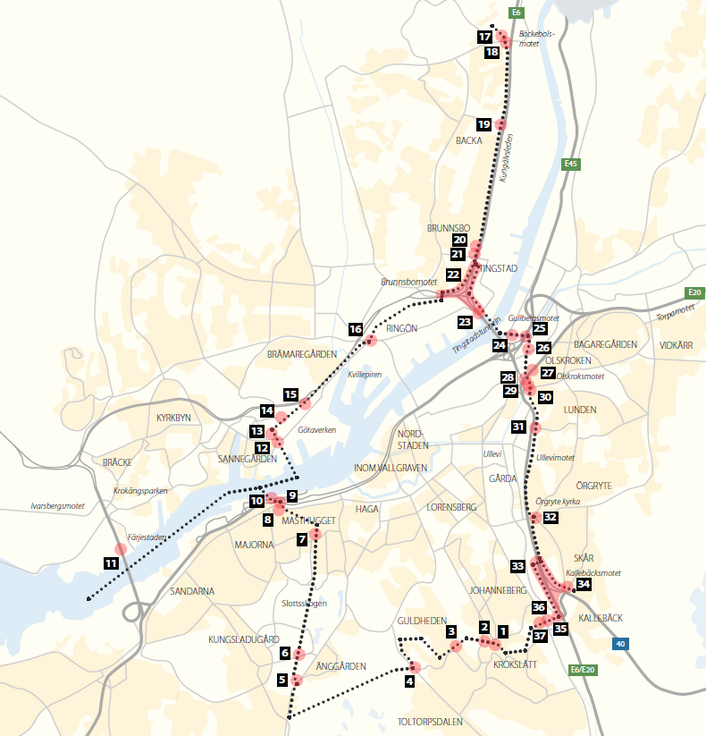 1 Fridkullagatan 2 Gibraltargatan 3 Doktor Allards gata 4 Ehrenströmsgatan 5 Dag Hammarskjöldsleden 6 Margaretebergsgatan 7 Fjällgatan/Ljungmansgatan 8 Stigbergsliden 9 E45 Oscarlsleden 10