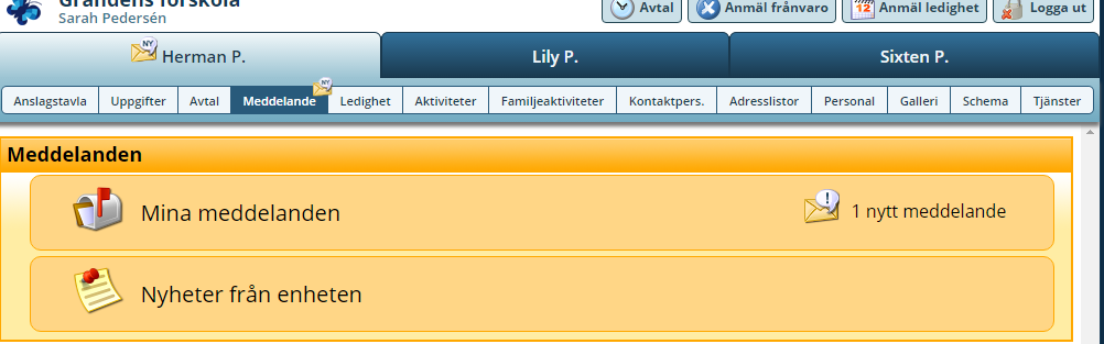 Under fliken Avtal kan vårdnadshavaren registrera enstaka avtal eller återkommande avtal. Till exempel avtal om att barnet hämtas av mormor, idag, kl 15.