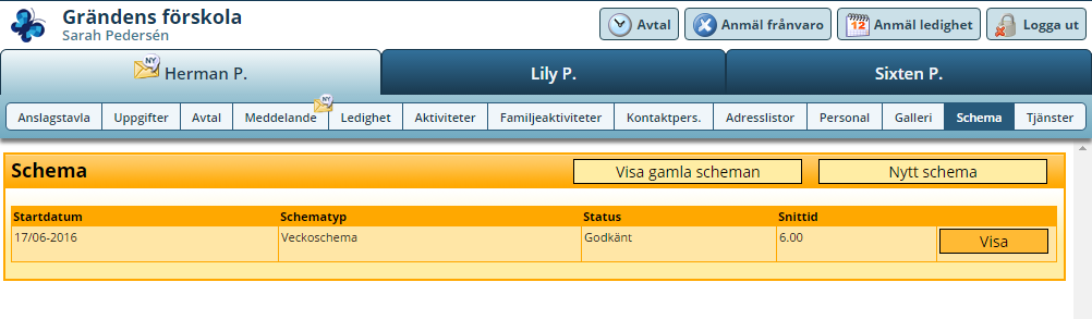 Under fliken Schema lägger du in barnets schema. Vårdnadshavaren kan även se sina olika status på schemat, så väl i aktuella scheman som i framtida och historiska scheman.