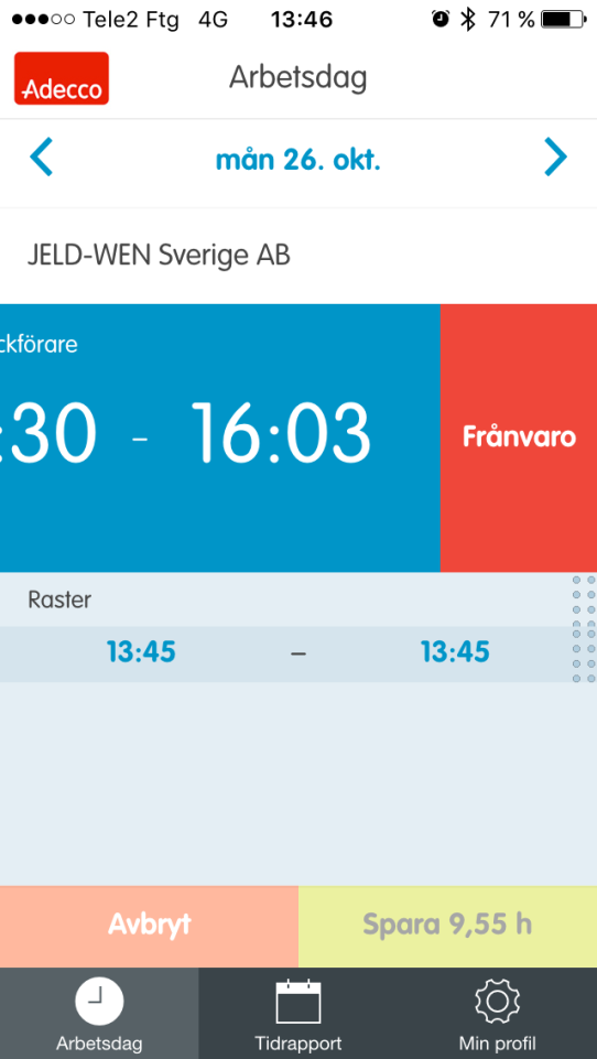 Tidrapportering frånvaro Om du varit frånvarande en dag visas det som 0,00 timmar i appen.