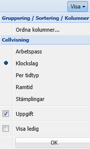 Planering Via menyn Planering visas arbetstider och frånvaro för hela planeringsgruppen för vald period. Under menyn Visa kan du ordna kolumner och göra andra val för visningen i planeringen.