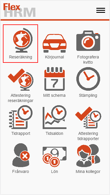 Användarmeddelande Flex HRM Travel, version 162 32 För att komma till dina reseräkningar klickar du på ikonen Reseräkning på HRM Mobiles startsida.