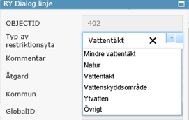 Attribut -Typ av restriktionsyta Här väljs vilken typ av yta som det gäller. Fylls i av miljöinspektör på kommunen. -Kommentar Kommentarsfält.