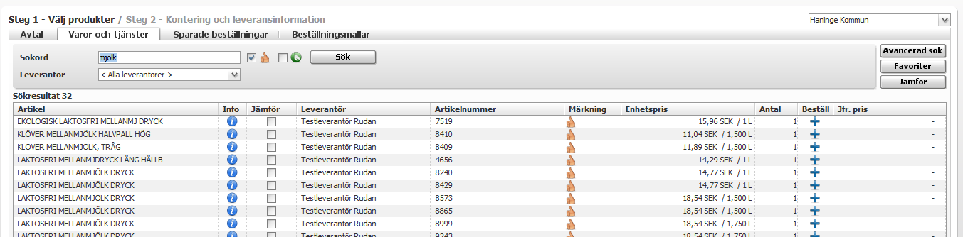 Tänk på att när du söker på en artikel så kommer alla leverantörer visas som har just den varan.