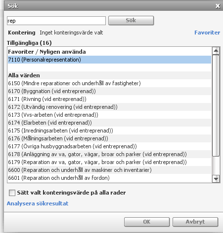 Sökknapp. Om du använder sökknappen ser sökbilden ut enligt nedan. Skriv in det du vill söka på (nummer eller del av text) och klicka på Sök.