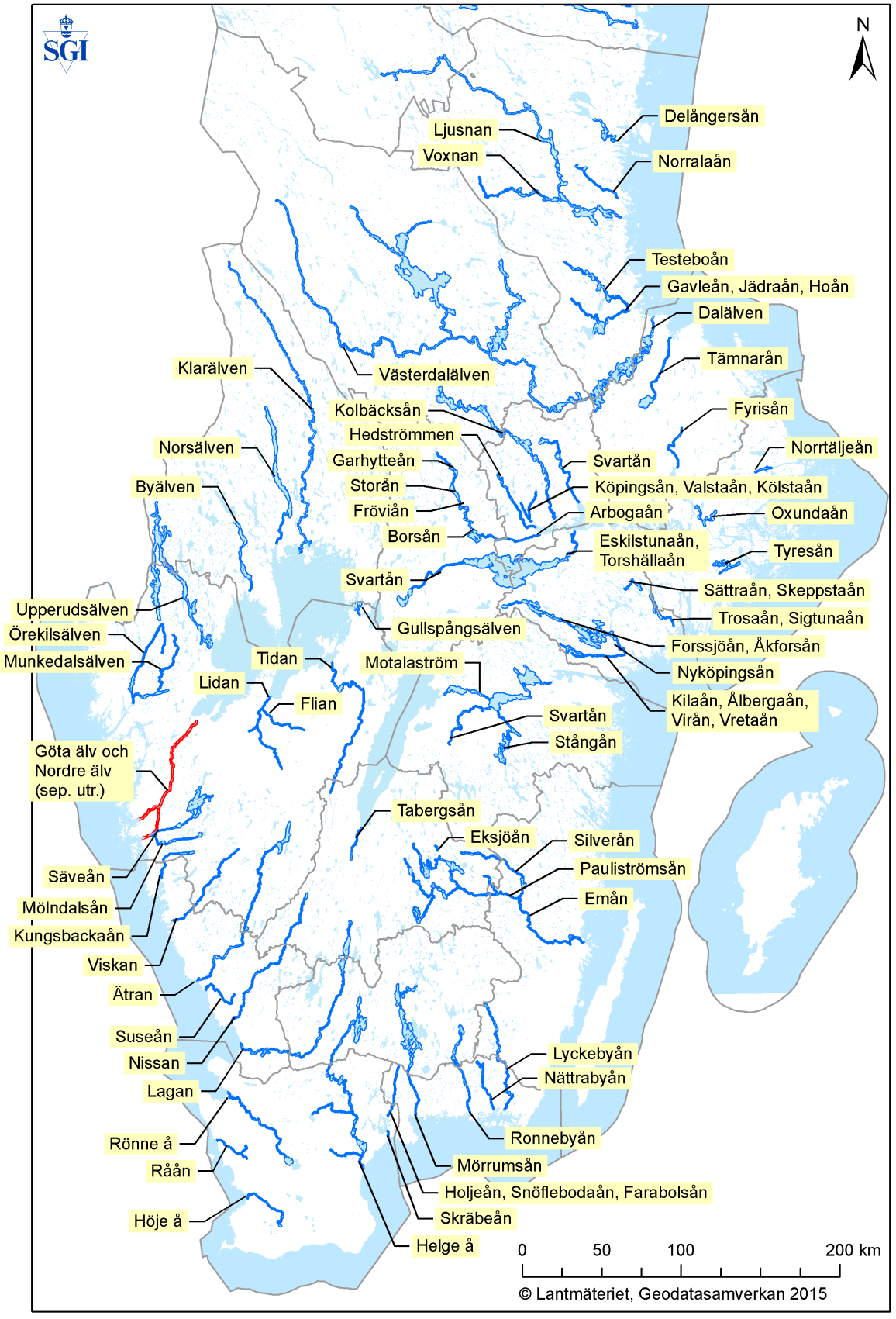 SGI 2015-10-01 Erosion i vattendrag 3 ÖVERSIKTSKARTA ÖVER KARTERADE VATTENDRAG SÖDRA SVERIGE * *Göta älv och Nordre älv