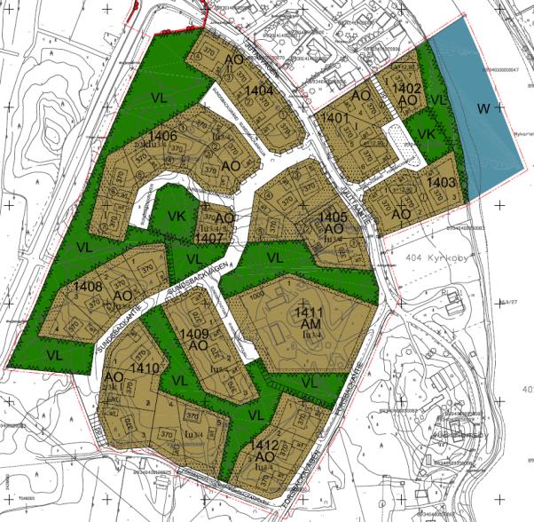 1-15 Närmsta belägna detaljplaneområden är Forsbacka och Rajåkern. Bild 12. Utdrag ur detaljplaneförslagen för Forsbacka och Rajåkern. 3.2.1.6 Byggnadsordningen Byggnadsordningen är godkänd av stadsfullmäktige i Nykarleby stad den 9.