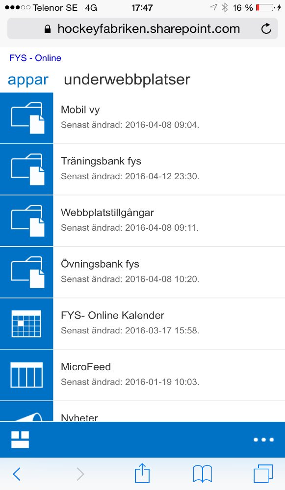 Mobil App för Iphone och Android Högst upp i den Mobila App vyn ligger en Mobil vy som är anpassad för att enkelt nå Övnings- och Träningsbank via mobilen.