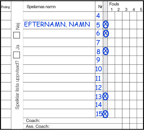 3. Skriv spelarnas nummer i följd från 4 till 15 för både lag A och lag B samt skriv ditt fullständiga efternamn och namn som spelare nummer 5 i lag A.