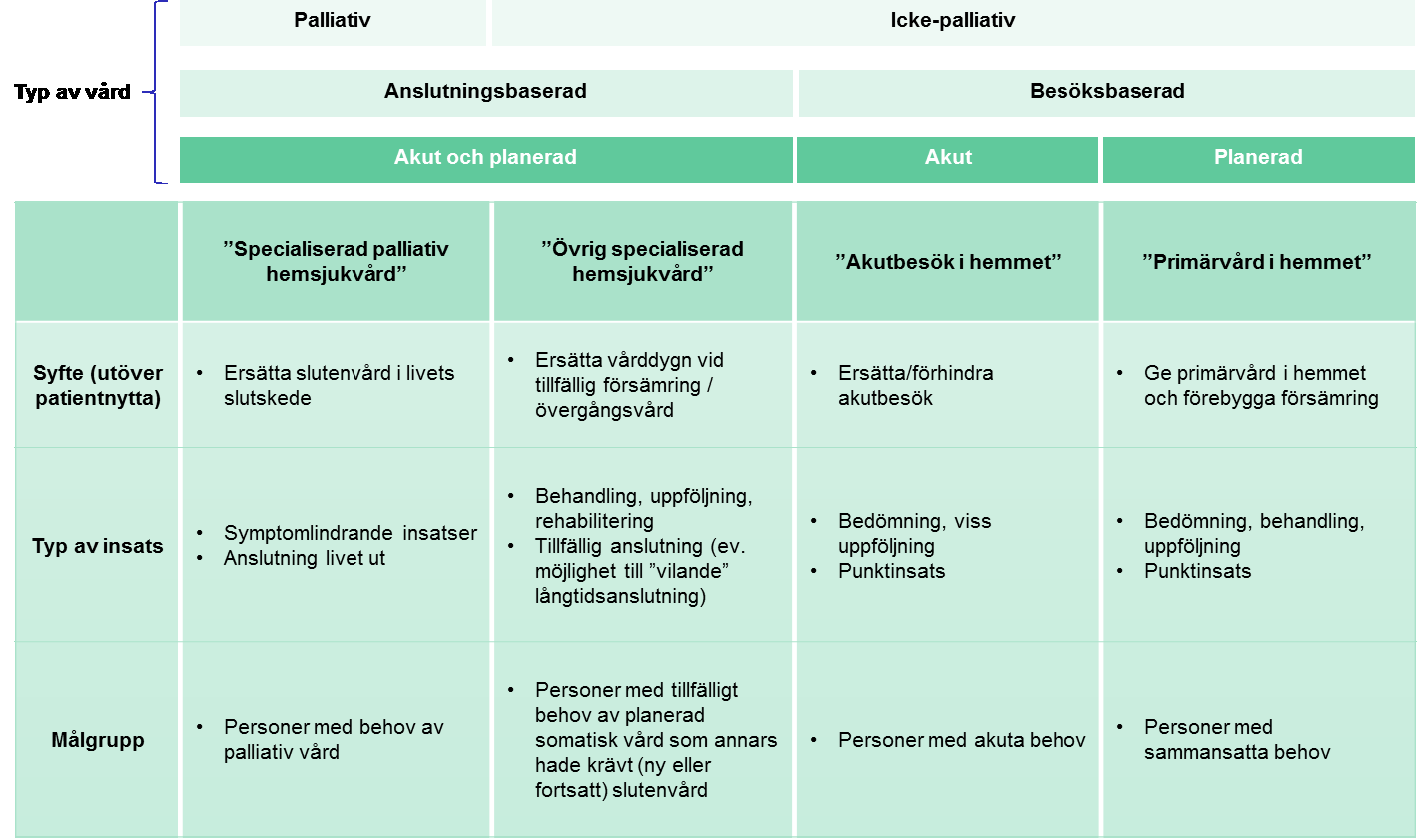 2 Olika typer av hemsjukvård Hemsjukvård kan definieras som hälso- och sjukvård utförd i patientens hem. Inom begreppet ryms samtidigt många olika typer av vård.