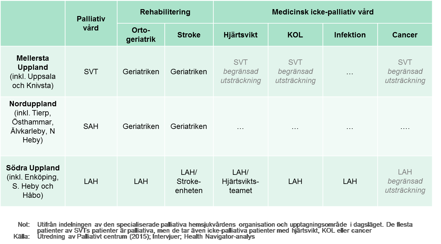 Figur 4. Utbud av specialiserad hemsjukvård efter patientgrupp I intervjuerna lyfts också andra utmaningar vad gäller dagens utbud av hemsjukvård.